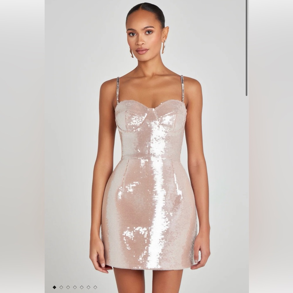 Nadine Merabi Leyton Champagne Dress Sequin Strappy Dress in Silver and Cream